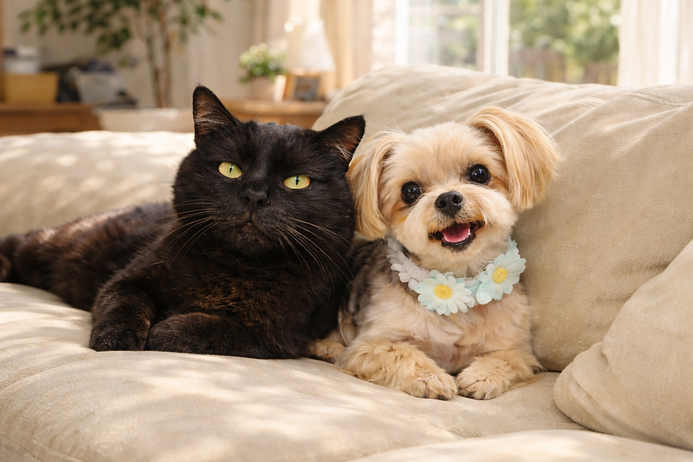 ソファの上でくつろぐ犬と猫の写真