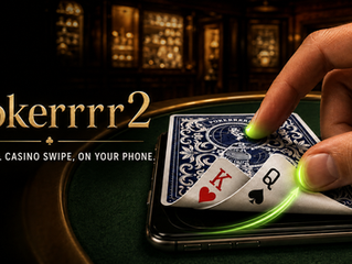 Pokerrrr2 card peek — a hand swiping upward on a mobile phone to reveal K♥ Q♠ hole cards on a casino felt table, the real casino swipe on your phone