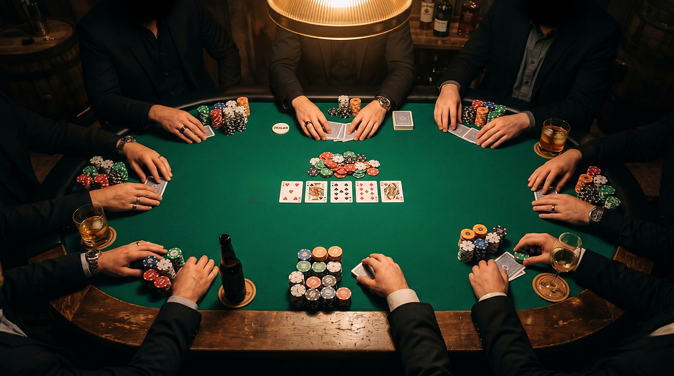 Poker night setup on a green felt table with stacked chips, cards, and whiskey glasses in warm amber lighting