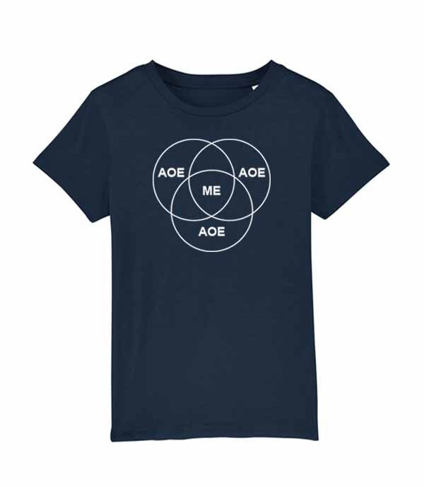 Thumbnail: navy kids tshirt with a venn diagram made of 3 circles that each say AOE, with "me" in the middle overlapping section