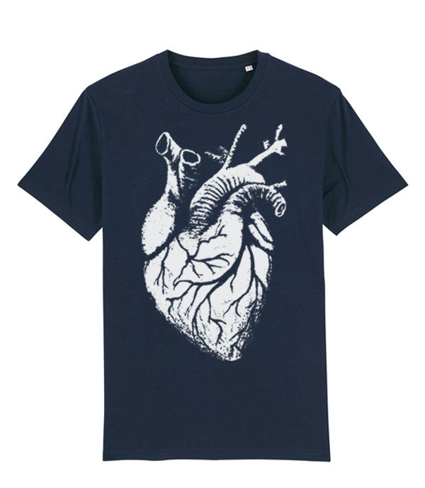 Thumbnail: distressed style anatomical human heart in white on a navy men's T-shirt