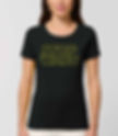 a womens black short sleeve T-shirt printed with Stop Wars written in the style of the Star Wars logo