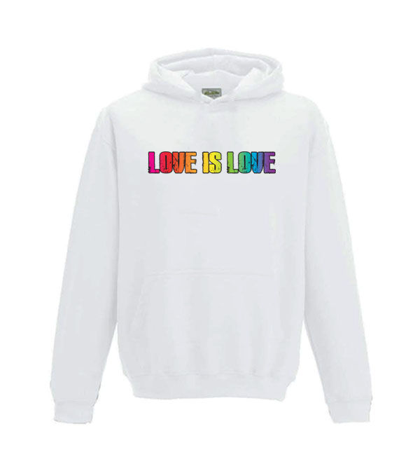 Thumbnail: Love is Love printed in a bold rainbow font on a white kids fit hoodie