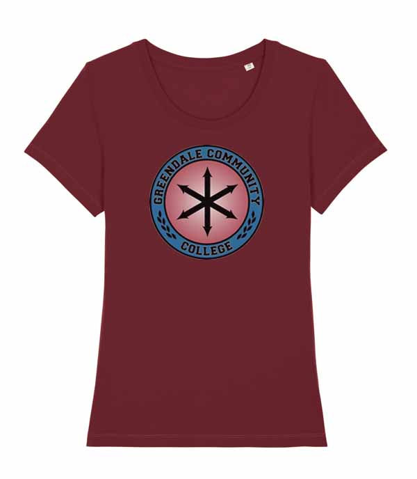 Thumbnail: a red womens T-shirt featuring the Greendale Community College Crossroads Logo from the TV show community