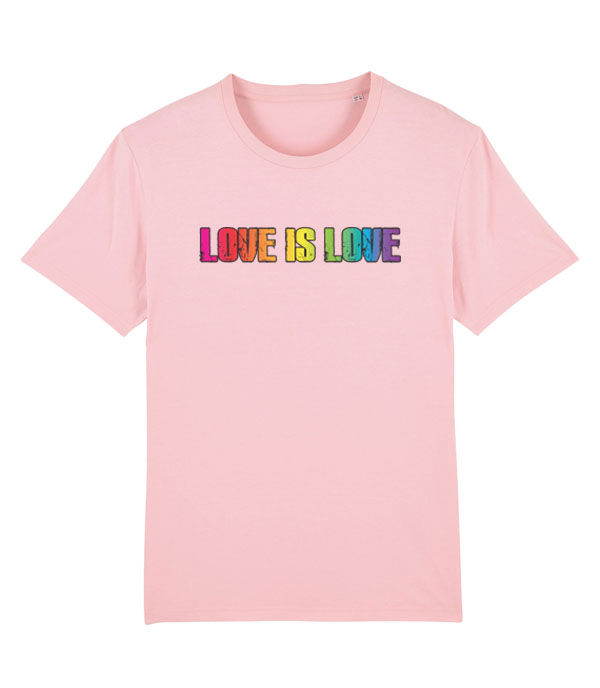 Thumbnail: Love is Love printed in a bold rainbow font on a pink men's short sleeve T-shirt