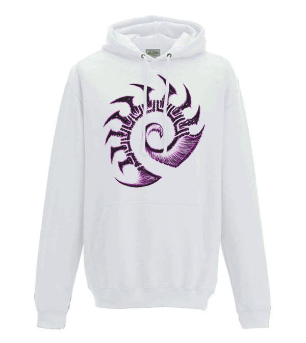 Thumbnail: adults white hoodie featuring a purple star craft zerg logo in konton zen's unique style