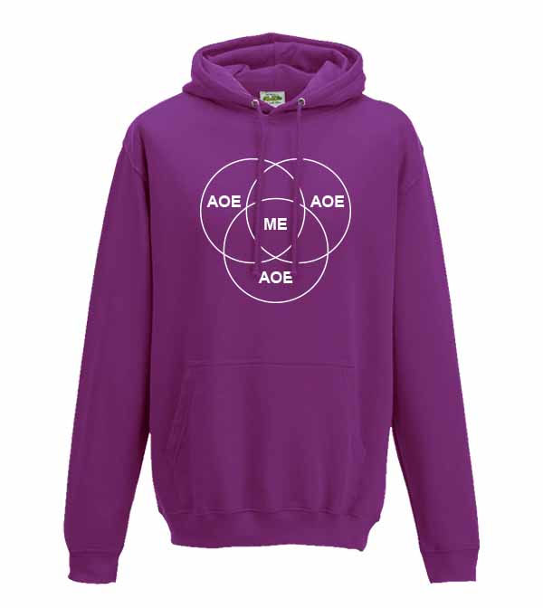 Thumbnail: purple adults hoodie with a venn diagram made of 3 circles that each say AOE, with "me" in the middle overlapping section