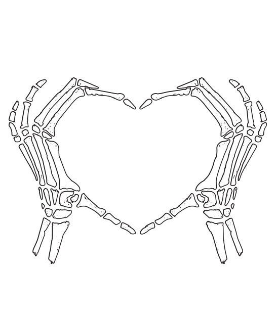 skeleton bone hands making the shape of a heart on a white background