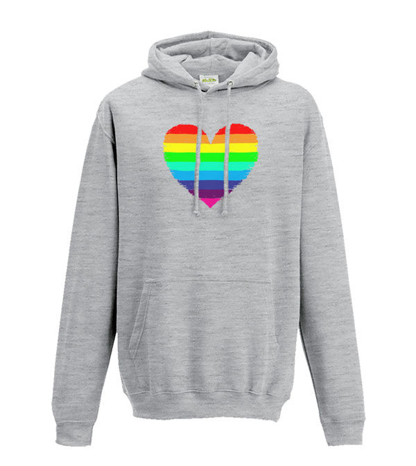 Thumbnail: a messy distressed rainbow heart on a light grey hoodie