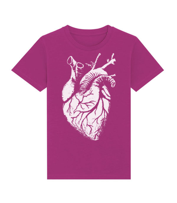 Thumbnail: distressed style anatomical human heart in white on a kids purple T-shirt