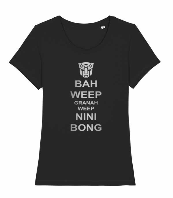 Thumbnail: Women's Short sleeve black Tshirt Bah weep Granah Weep Nini Bong quote in the keep calm carry on style with the autobots logo