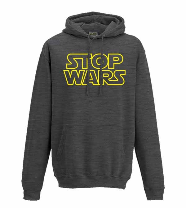 Thumbnail: A grey hoodie printed with Stop Wars written in the style of the Star Wars logo