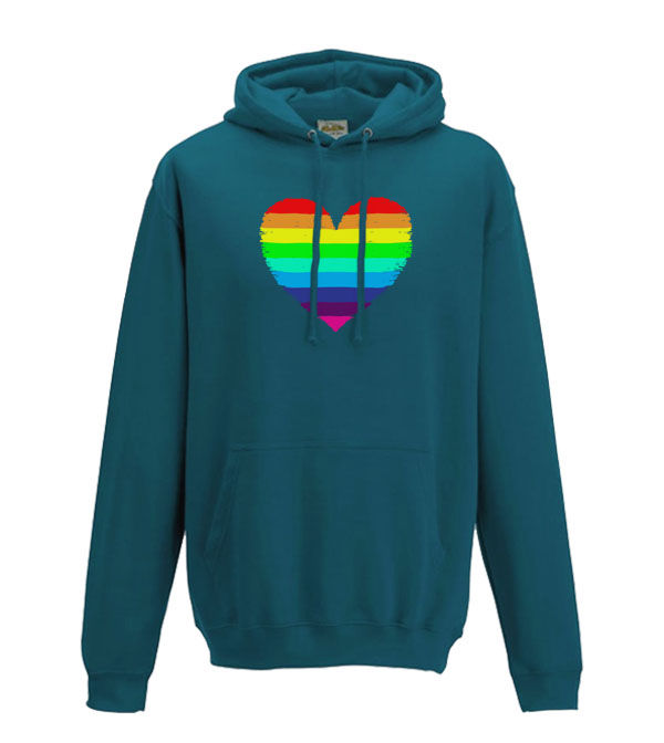 Thumbnail: a messy distressed rainbow heart on a blue hoodie