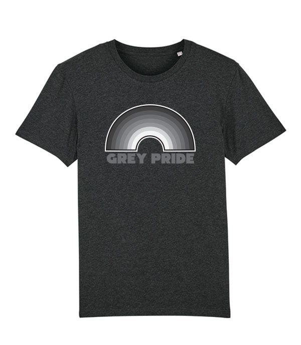 Thumbnail: A rainbow made of different shades of grey with the words grey pride written beneath printed onto a dark grey mens T-shirt
