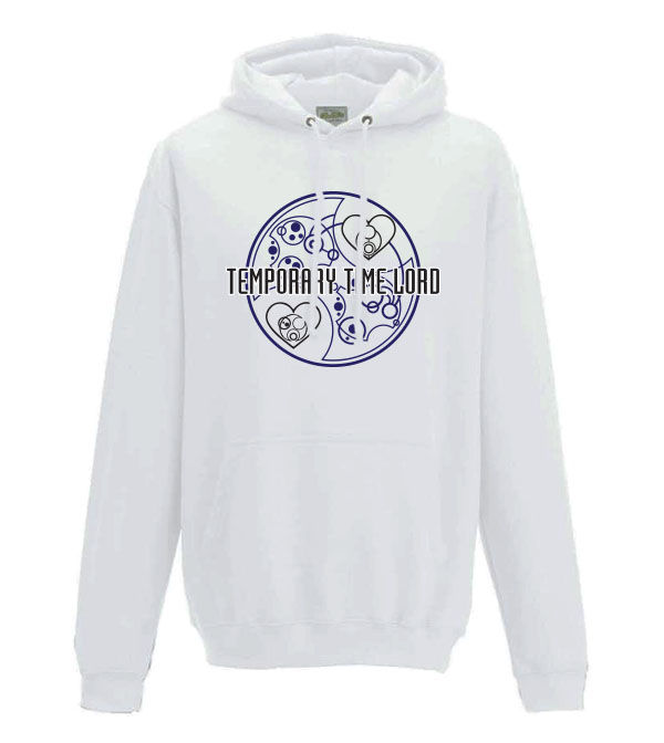 Thumbnail: white Hoodie Temporary Time Lord with two hearts containing the words mum and baby all written in gallifreyan from Doctor Who