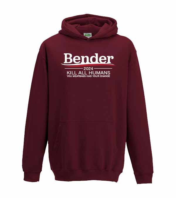 Thumbnail: a burgundy kids hoodie printed with bender 2024 - Kill all humans, you meatbags had your chance