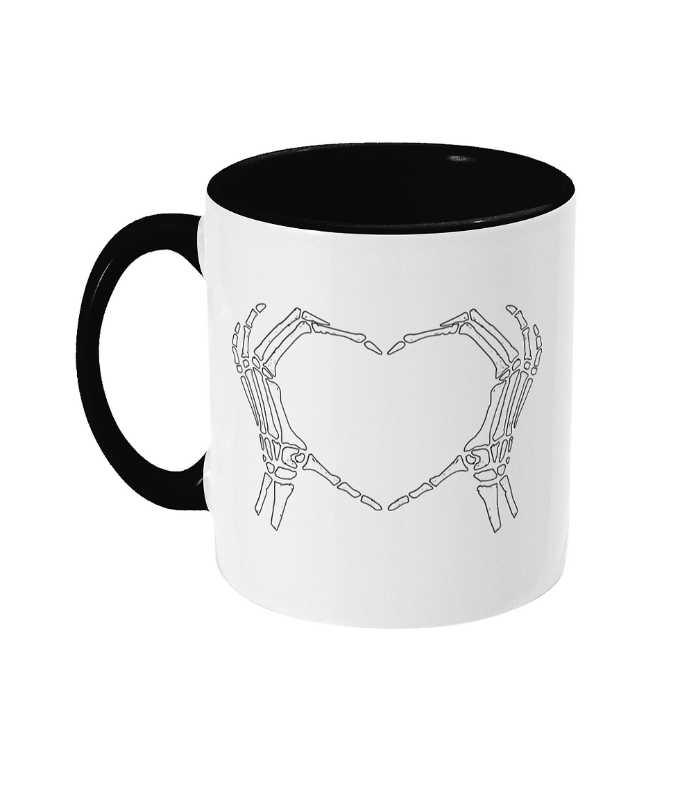 Thumbnail: skeleton bone hands making the shape of a heart printed onto a black and white mug