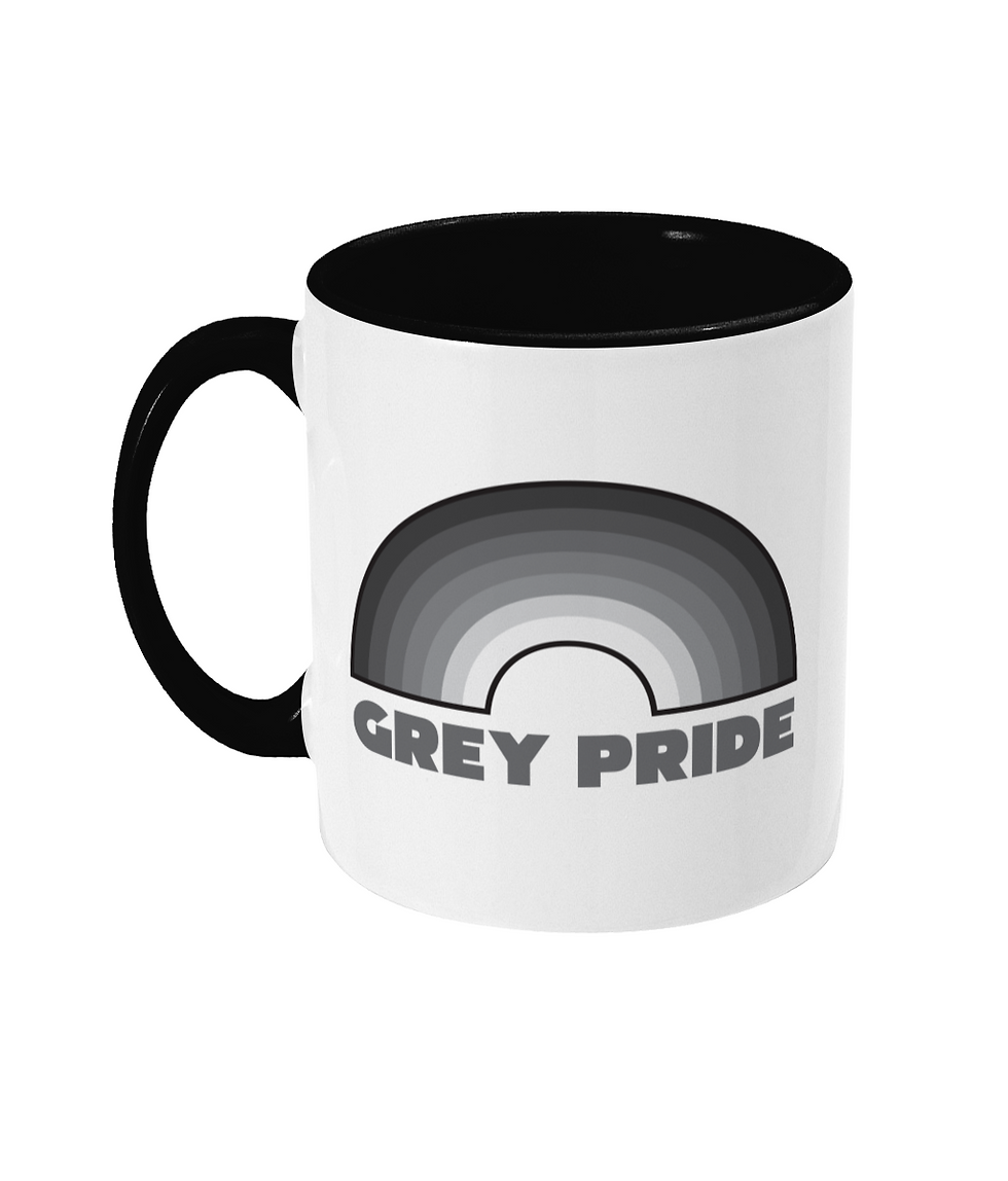 Thumbnail: A rainbow made of different shades of grey with the words grey pride written beneath printed onto a black and white mug