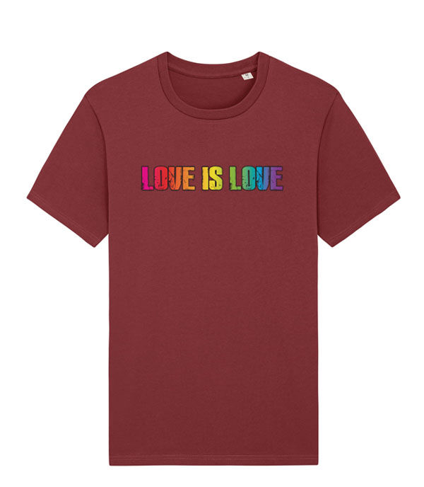 Thumbnail: Love is Love printed in a bold rainbow font on a red men's short sleeve T-shirt