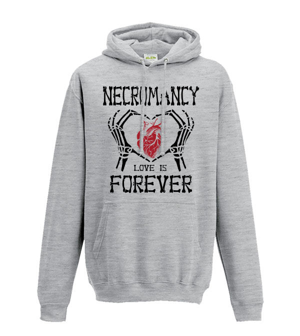 Thumbnail: Necromancy Love is Forever adults hoodie in light grey - Skeleton hands in a heart shape around an anatomically correct heart