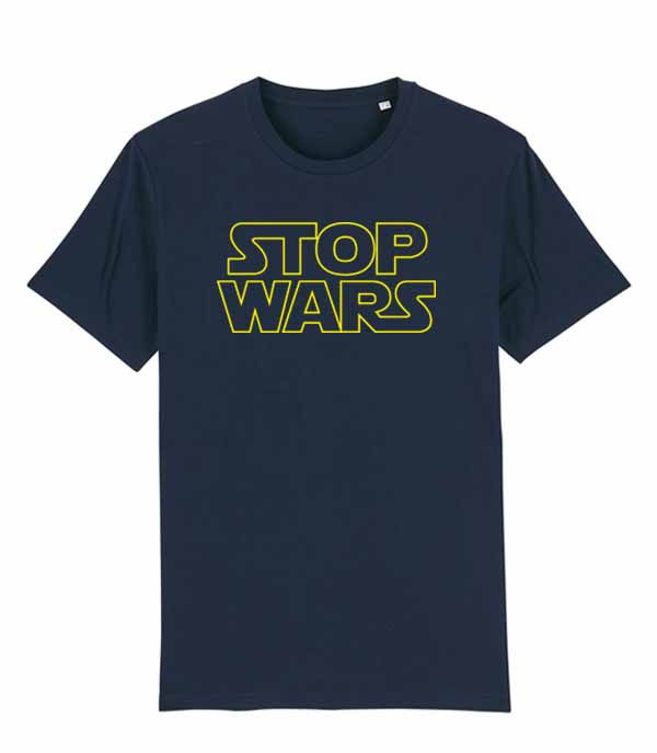 Thumbnail: a mens navy short sleeve T-shirt printed with Stop Wars written in the style of the Star Wars logo