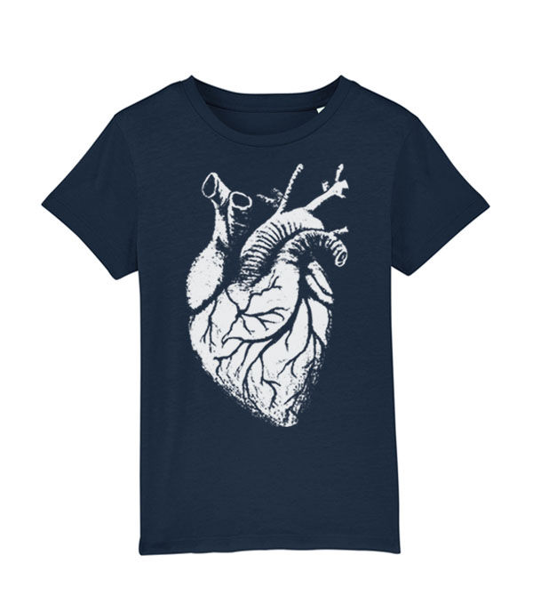 Thumbnail: distressed style anatomical human heart in white on a kids navy T-shirt