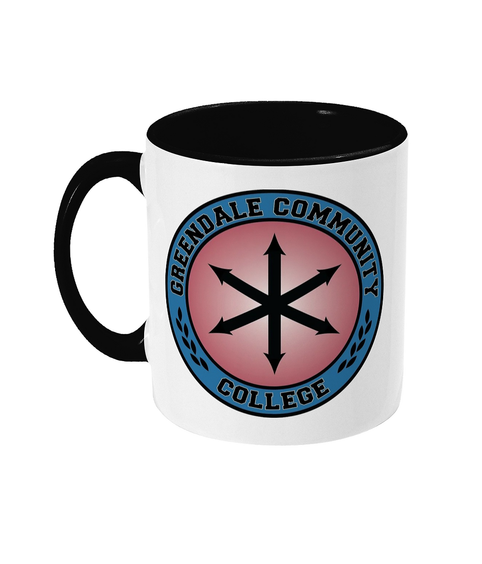 Thumbnail: A black and white mug featuring the Greendale Community College Crossroads Logo from the TV show community