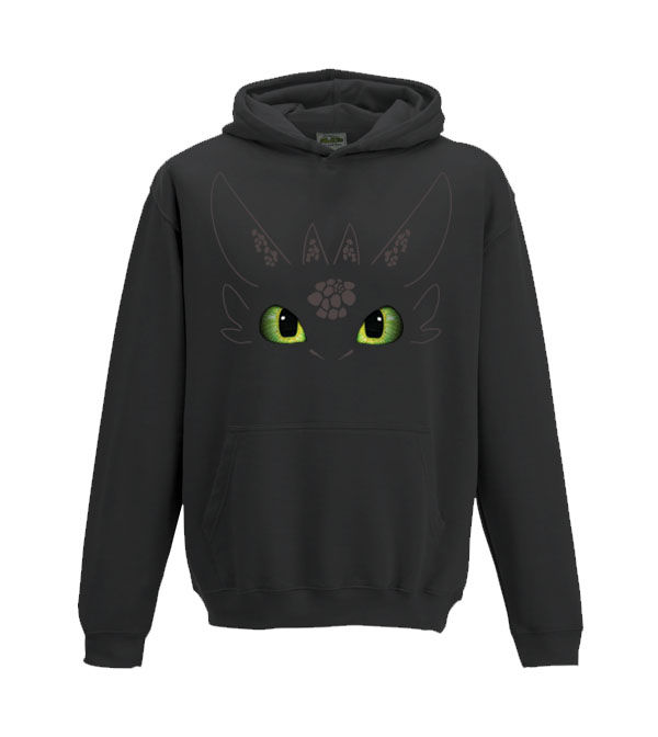 bright green eyes and a grey outline of the face of toothless from how to train your dragon on a black kids hoodie