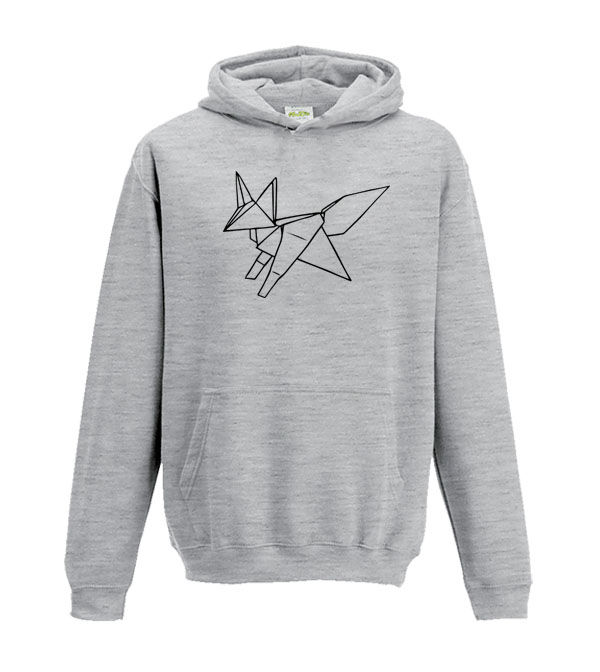 Thumbnail: Origami fox outline line art Zenvie original artwork kids hoodie children's pullover hooded sweatshirt in light grey