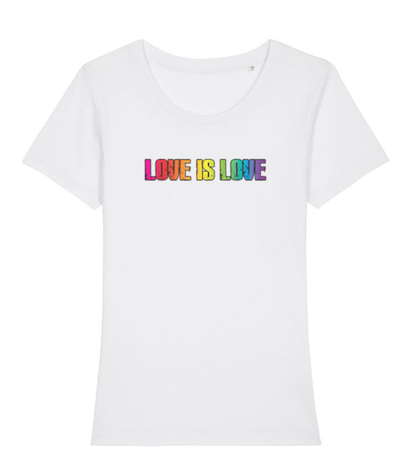 Thumbnail: Love is Love printed in a bold rainbow font on a white women's short sleeve T-shirt