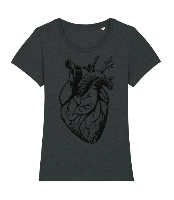 Thumbnail: distressed style anatomical human heart in black on a dark grey women 's T-shirt