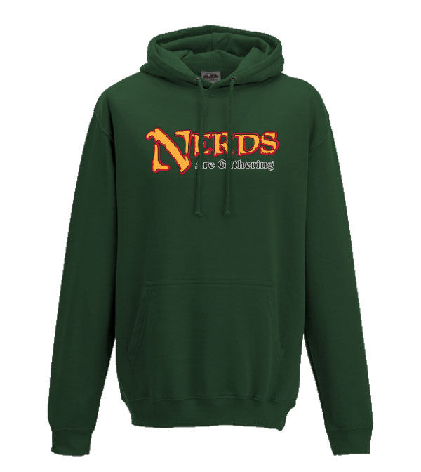 Thumbnail: a green adults hoodie printed with Nerds are gathering Magic the Gathering old logo parody