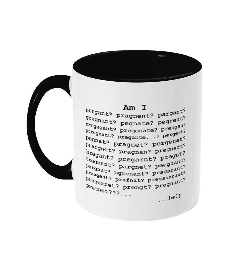 Thumbnail: A black & white mug printed with a list of the misspelled variations of the word pregnant from the Yahoo Answers meme