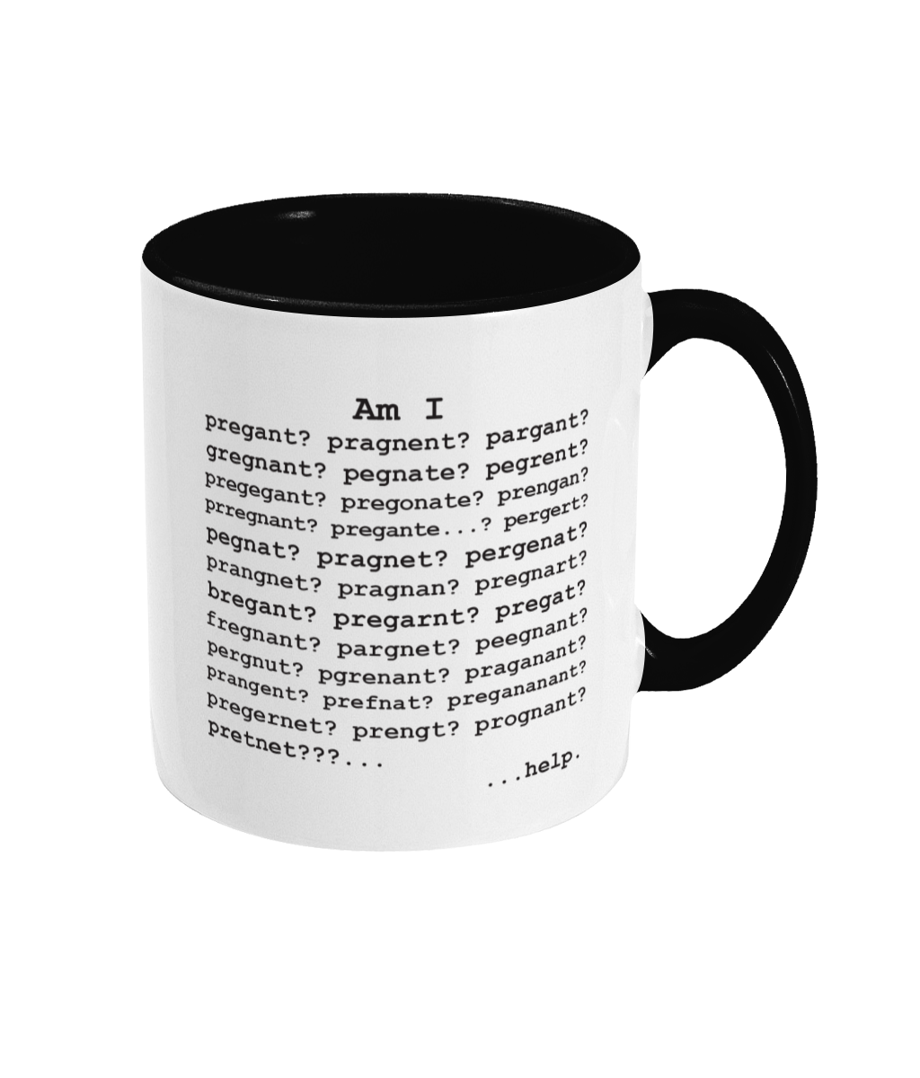 A black & white mug printed with a list of the misspelled variations of the word pregnant from the Yahoo Answers meme
