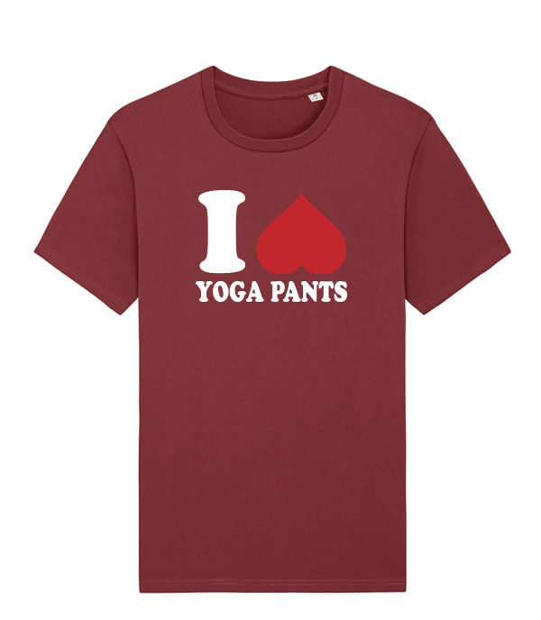 Thumbnail: I love yoga pants, but with the heart rotated 180 degrees to look like a butt printed onto a red short sleeve men's T-shirt