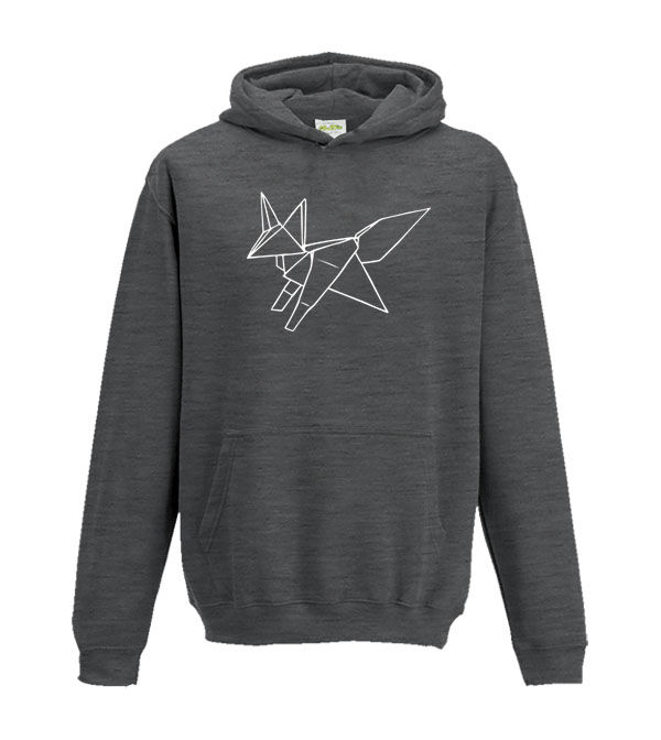 Thumbnail: Origami fox outline line art Zenvie original artwork kids hoodie children's pullover hooded sweatshirt in dark grey