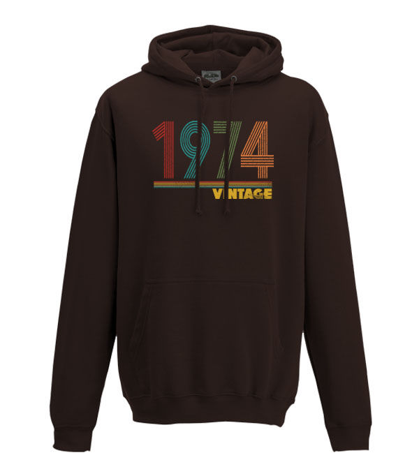 Thumbnail: 1974 in a multicoloured distressed line font with the word vintage underneath on a brown hoodie
