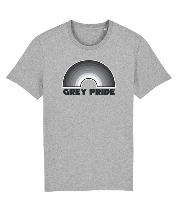 Thumbnail: A rainbow made of different shades of grey with the words grey pride written beneath printed onto a light grey mens T-shirt