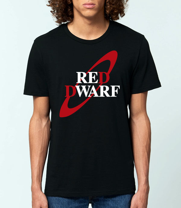 Red dwarf brittish sci-fi comedy logo mens T-shirt in black