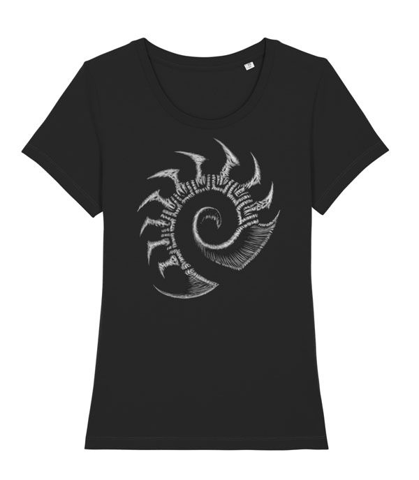 Thumbnail: womens black T-shirt featuring a grey star craft zerg logo in konton zen's unique style