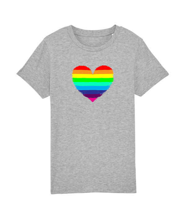 Thumbnail: a messy distressed rainbow heart on a light grey kids T-shirt