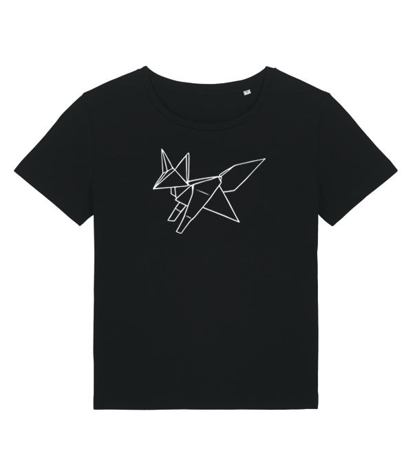 Thumbnail: Origami fox outline line art Zenvie original artwork simplistic womens short sleeve round neck T-shirt in black