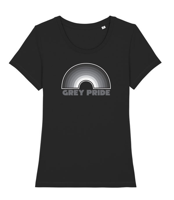 Thumbnail: A rainbow made of different shades of grey with the words grey pride written beneath printed onto a black womens T-shirt