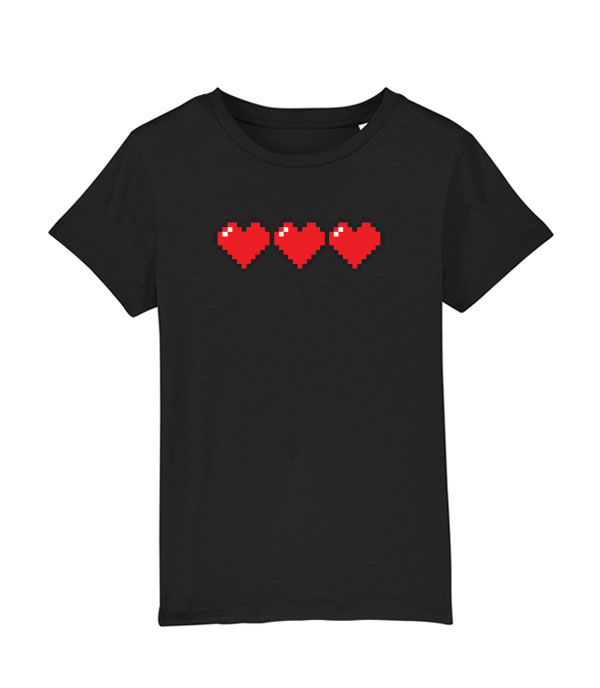 Thumbnail: 3 retro gaming style pixel hearts on a black short sleeve kids T-shirt