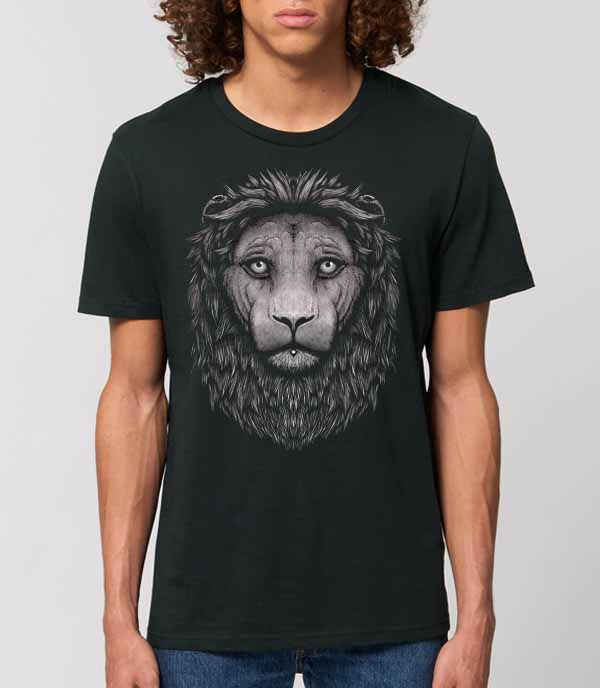 Thumbnail: men's black short sleeve T-shirt with Black and white Lion face design by Konton Zen