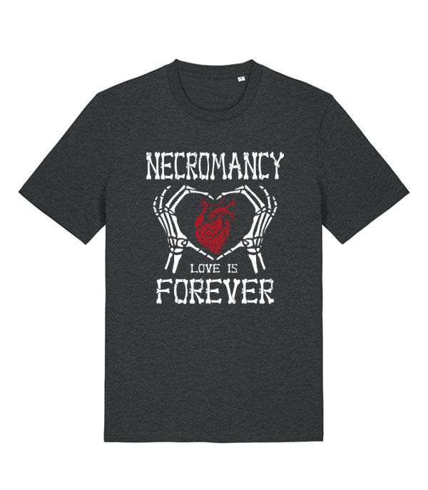 Thumbnail: Necromancy Love is Forever mens T-shirt in dark grey - Skeleton hands in a heart shape around an anatomically correct heart