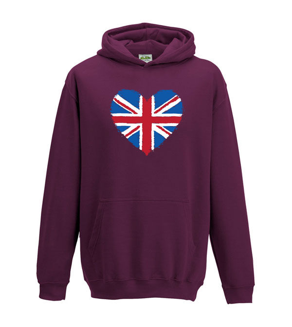 Thumbnail: A distressed style Great Britain Union Jack flag in the shape of a heart on a purple kids hoodie