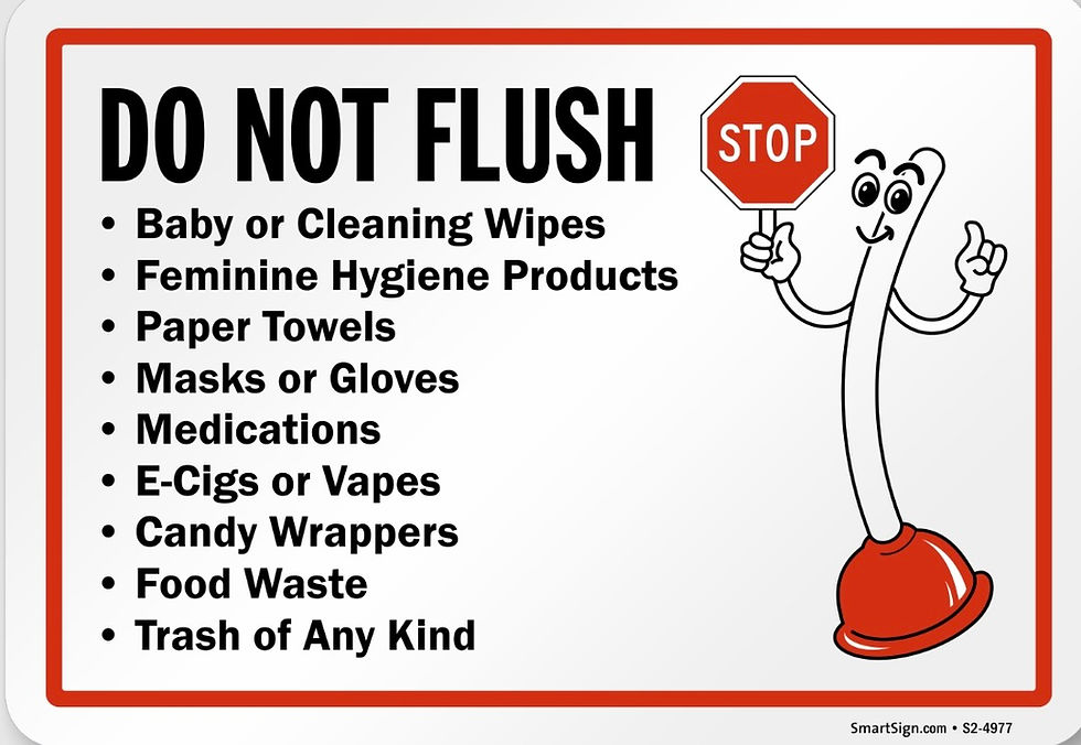 A restroom instructional sign: Stop, Do not flush trash of any kind!