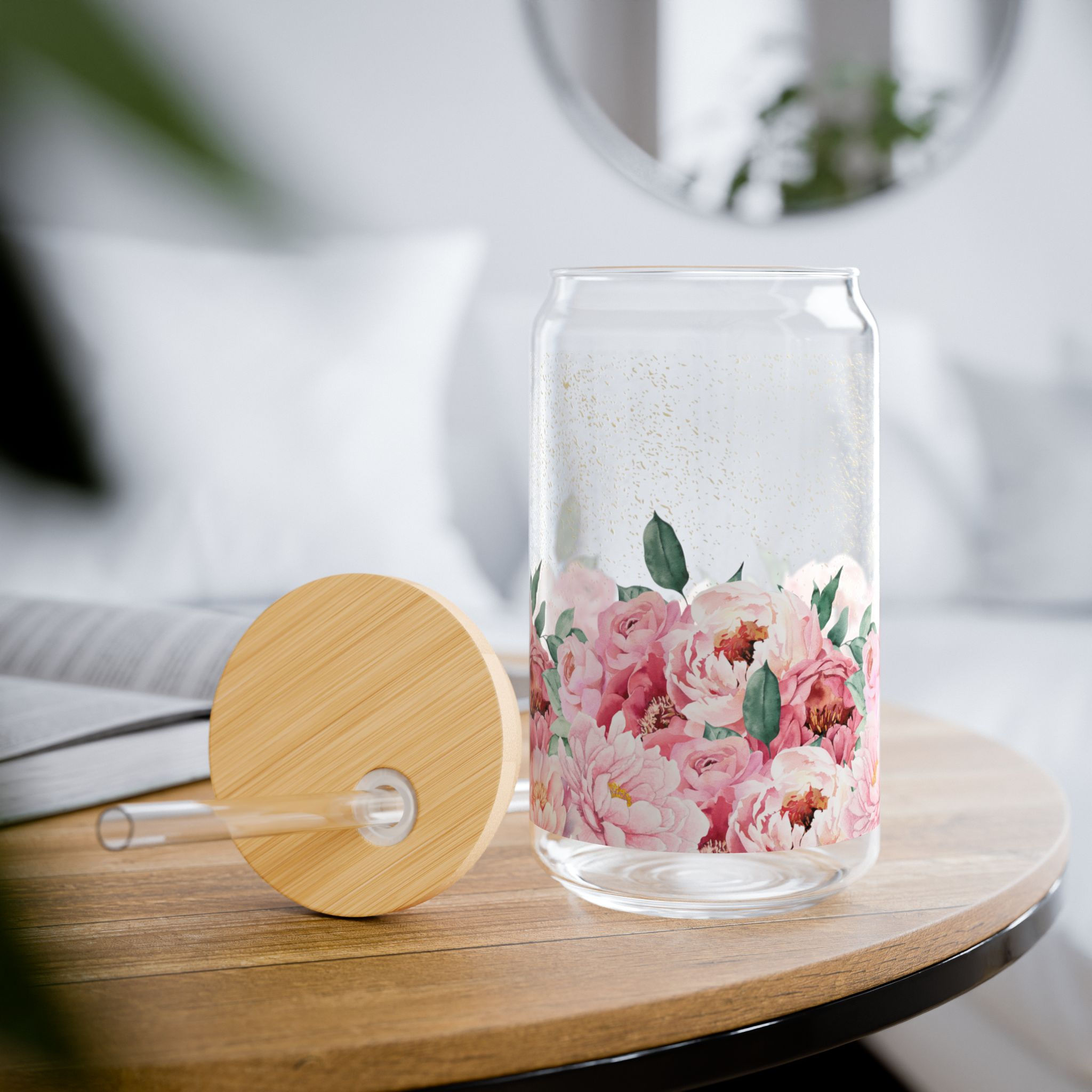 Peony Dream | 16oz Floral Glass Tumbler | With Bamboo Lid & Straw