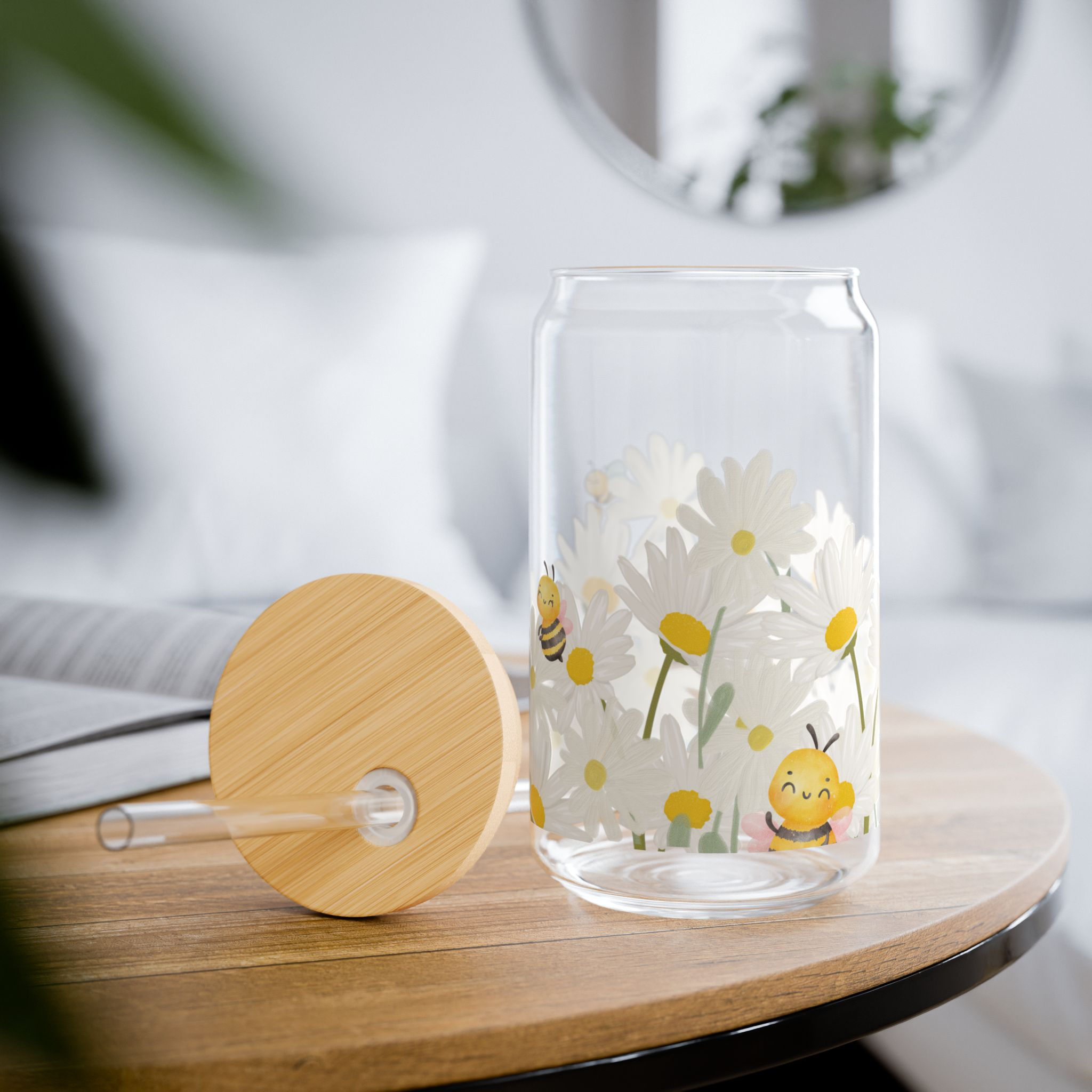 Daisy Buzz | 16oz Floral Glass Tumbler | With Bamboo Lid & Straw
